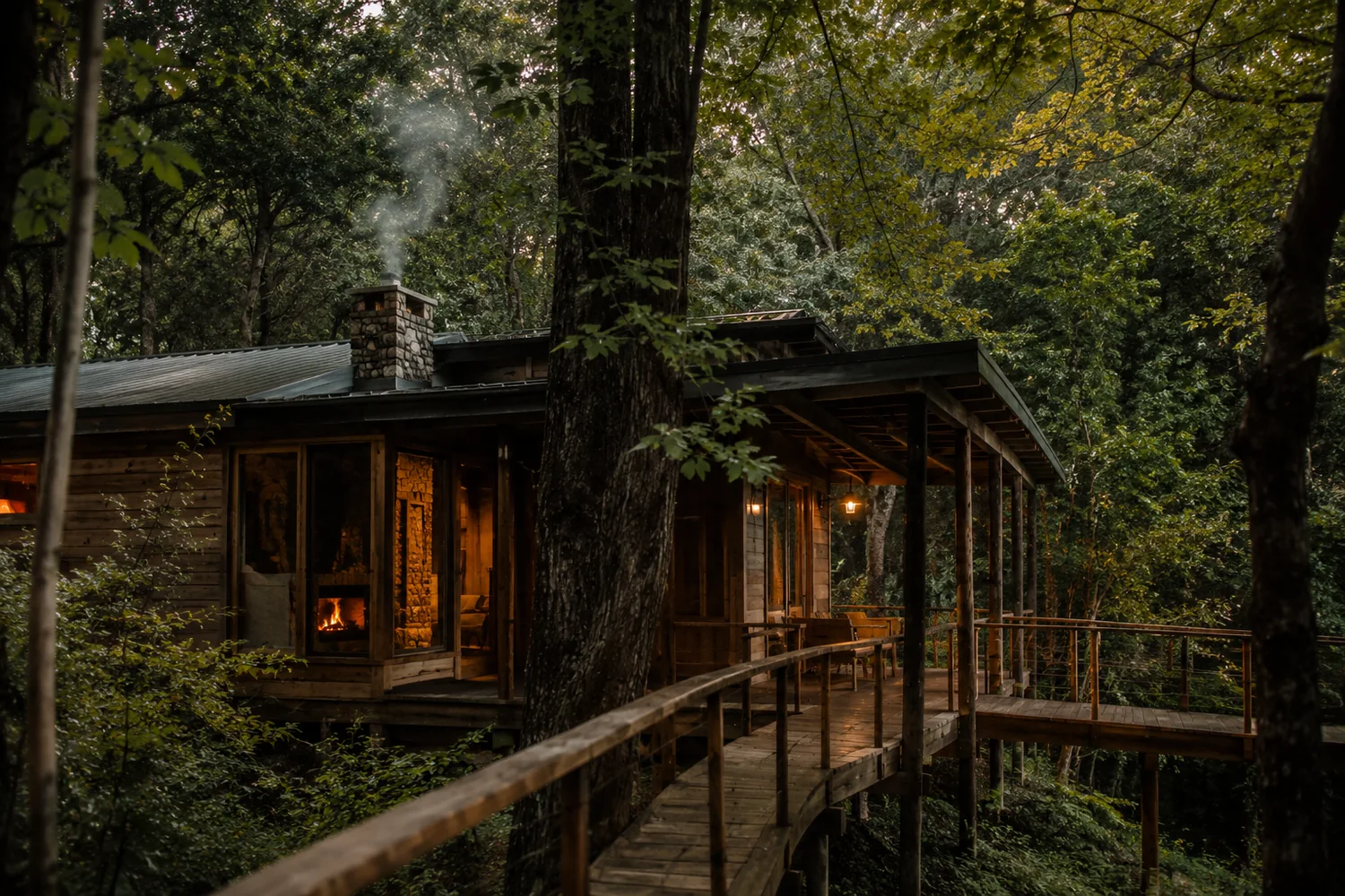 Refugio de madera rodeado de bosque nativo