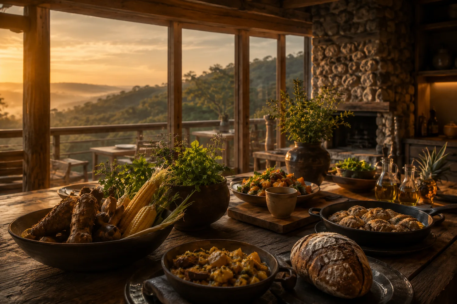 Mesa servida con cocina de campo en Mbatoví
